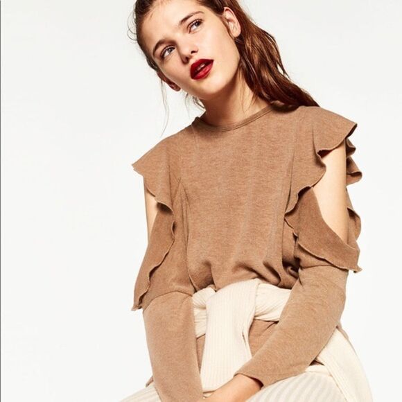 ✨HP✨Zara Camel Ruffle Open Shoulder Sweater✨ - Picture 1 of 8